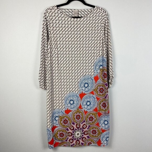 Chicos Printed Ruched-Sleeve Dress Womens 2 US 12 L Floral Ikat Jewel Neckline - Picture 1 of 10